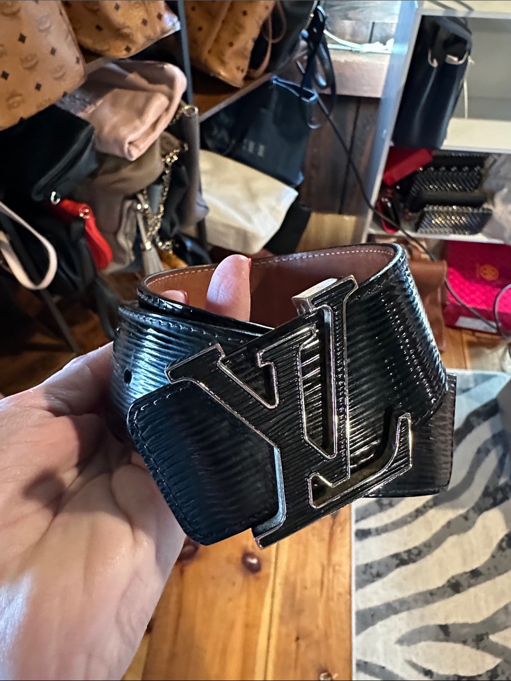 Louis Vuitton Black Textured Leather Belt with Silver LV Buckle
